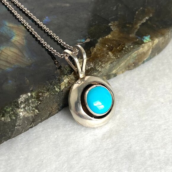 VTG Sterling Silver 925 ML Perry Navajo Southwest Turquoise Pendant Necklace 18" - Picture 5 of 16